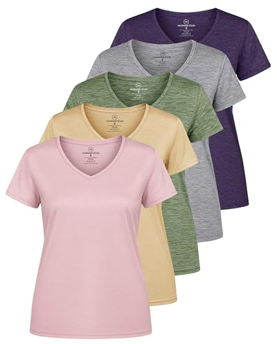 Real Essentials Damen Sport-T-Shirt, kurzärmelig, V-Ausschnitt, Dry-Fit feuchtigkeitsableitendes Yoga-Top (erhältlich in großen Größen), 5er-Pack, Set 14, 2X
