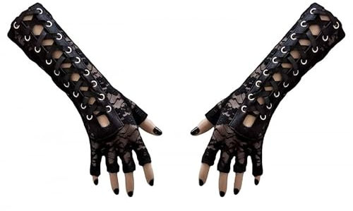 Generisch Spitze Gothic Armstulpen fingerlose Handschuhe mit Satin Schnürung schwarz