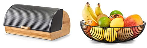 Zeller 25365 Brotkasten, Bamboo/Metall, schwarz, ca. 39 x 27 x 19 cm, Brotaufbewahrung, Trendige Schwarze Brotbox, lebensmittelecht & 27382 Obstkorb, Metall, Schwarz, ca. Ø 28 x8 cm, Schwarze Schale