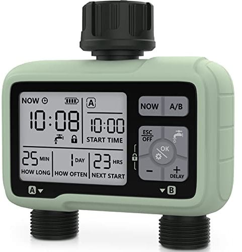 Kazeila 2-Outlet Temporizador de Riego Automático Programador de Riego Digital para Mangueras Controlador de Agua Programable IPX5 Impermeable Modos Automático/Manual para Jardín y Césped