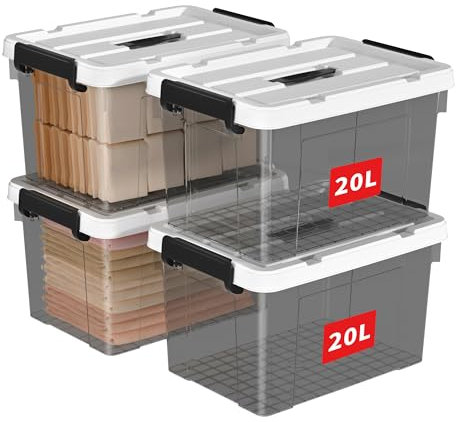 Cetomo 20L*4 Storage Boxes, Carry Plastic Storage Box with Lids, Organizing Container with Handle and Secure Latching Buckles, Stackable, Nestable, Tote Bin for Home Clothes, 20L-4Pack, Clear Black