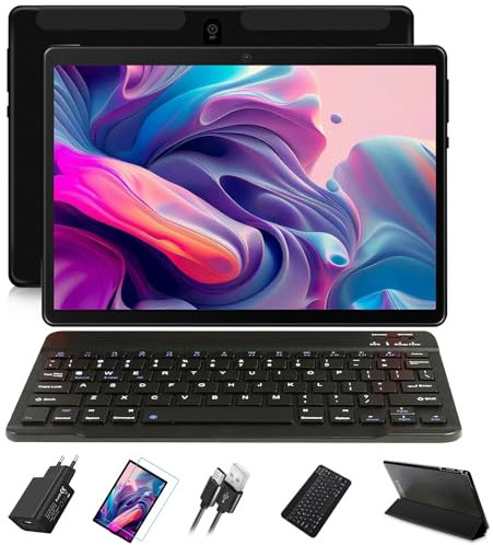 JUSYEA Tablet 10 Pollici Android PC 4 GB RAM + 64 GB ROM, Octa-Core, SD/TF 256 GB, Smart Display IPS, 8000 mAh, 5 MP + 8 MP, WIFI | Bluetooth | GPS, con Custodia + Tastiera- Nero