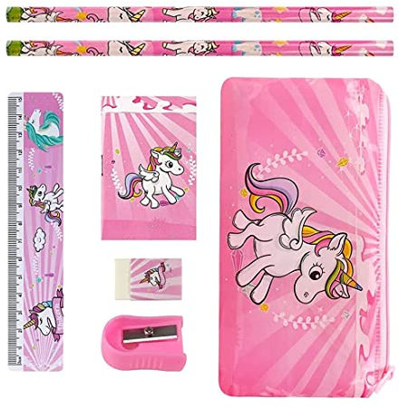 IUDWCG - 1 Pcs Schreibwaren-Set, Einhorn-Mädchen-Geschenk, Einhorn-Bleistift-Set Bleistift-Box, enthält Bleistift, Lineal, Radiergummi, Einhorn Stift niedlichen Mädchen Geschenk