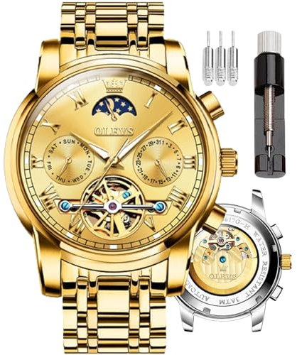 OLEVS Montre squelette à remontage automatique pour homme Tourbillon sans pile Montre de luxe en acier inoxydable avec date mécanique étanche tendance pour homme, Gw-g6617-all Gold, Bracelet