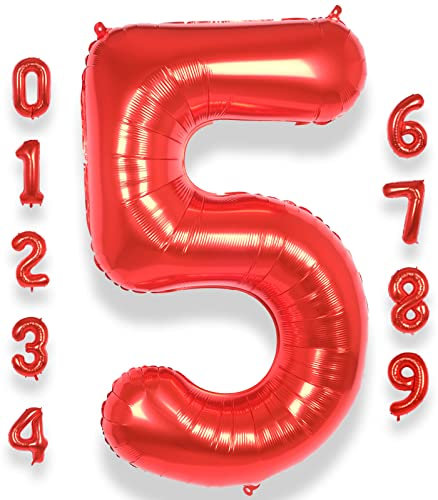AULE Luftballon Zahl 5 Rot: XXL 101 cm Folienballon Geburtstag Rot 5 Jahre Zahlen 40 Zoll Helium Ballon Kinder Junge Mädchen Zahlenballon für Babyparty Jubiläum Deko
