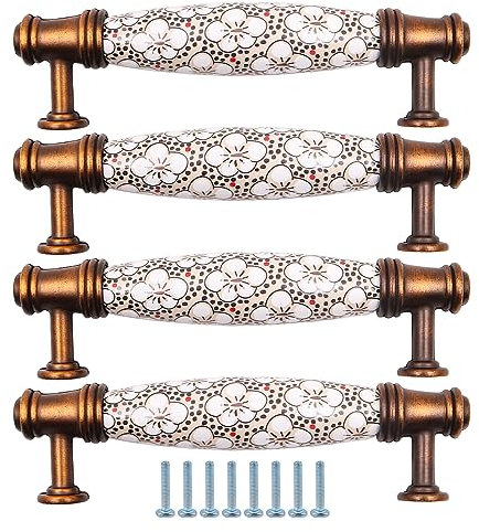 ZONADAH Set of 4 Traditional Drawer Cabinet Ceramics Handle, Hole Distance 96mm, Furniture Door Pull Handles, Antique Handle, Drawer, Door, Cupboards, Bathroom, Kitchen, Flower Pattern