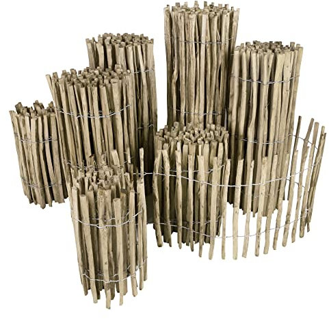 Kastanienzaun Staketenzaun aus Haselnuss Nicht imprägniert 7 Größen Höhen 50 cm - 120 cm Länge: 5 Meter 3-4 cm gut gespaltenen Stäben sicheren Spitzen (90x500cm 3-4cm)
