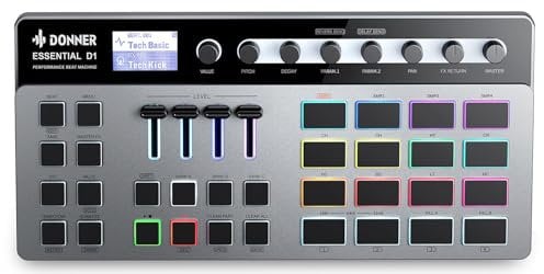 Donner Essential D1 Finger Drum Machine & Step Sequence Combinato, Boast Color-Coded UI, 12 tracce Sample, 16 RGB Beat Pad, 64 Modelli di Battitura Preimpostati, 5 Encoder Senza Fine