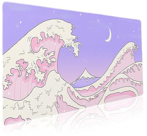 Pink Purple Japanese Anime Gaming Mouse Pad XXL Cute Kawaii Aesthetic Sea Wave Extended Large Desk Mat Non-Slip Rubber Base Stitched Edge Long Keyboard Mousepad for PC Computer Laptop,35.4×15.7 in