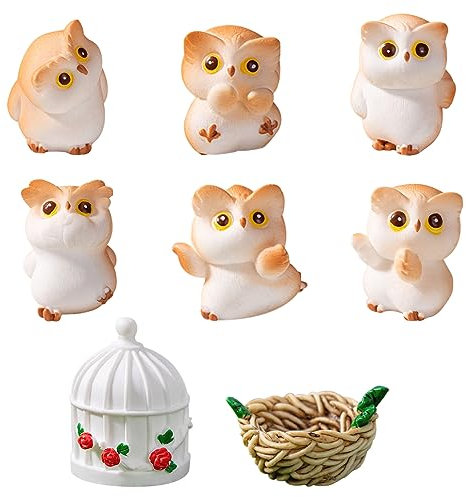 KyeeaDIY 8 mini búhos de resina, mini búhos, accesorios de jardín de hadas, figuras en miniatura, suministros de adorno de jardín de hadas, decoraciones de búho para el hogar, paisaje icro, macetas,