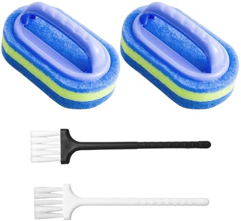 2 esponjas de limpieza de baño con 2 mini cepillos, cepillo de esponja de limpieza con mango, esponja de limpieza gruesa para bañera, cepillo de pared de baño