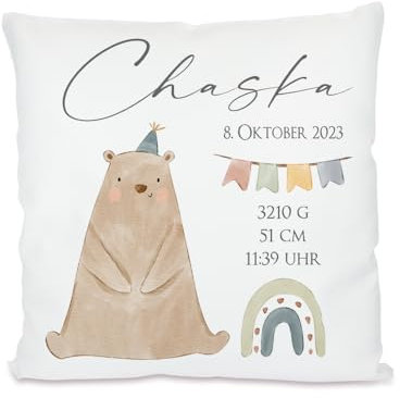Manufaktur Liebevoll Kissen Babygeschenk zur Geburt Taufgeschenk Namen Mädchen Jungen Geburtskissen Baby personalisiertes Geschenk zur Geburt Taufe (Motiv Bär)