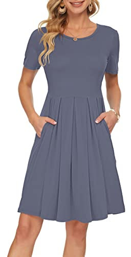 AUSELILY Robe décontractée à Manches Courtes plissée avec Poches Longueur Genou S,Gris Violet