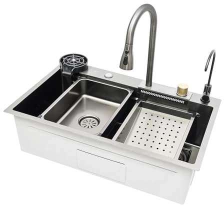 Caskunbsy Lavandino a cascata di pioggia, lavandino a cascata, lavandino a cascata, taglio 3 in 1, lavello integrato con rubinetto rimovibile (75 x 45 x 21 cm)
