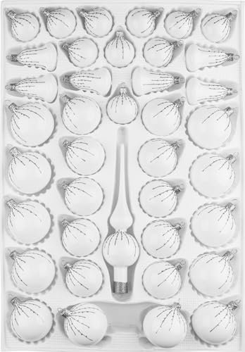 Navidacio 39 TLG. Glas-Weihnachtskugeln Set in Hochglanz Weiss Silber Regen - Edle Neuheit - Christbaumkugeln - Weihnachtsschmuck - Christbaumschmuck