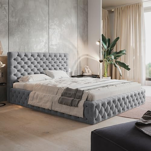MOTIVENA Dalia Chesterfield Polsterbett 140x200 mit Bettkasten, Chesterfield Bett 140x200 mit Stauraum, Bett Kopfteil Samt, ohne Matratze, Bett Samt, Polsterbett 140x200 Grau Hellgrau