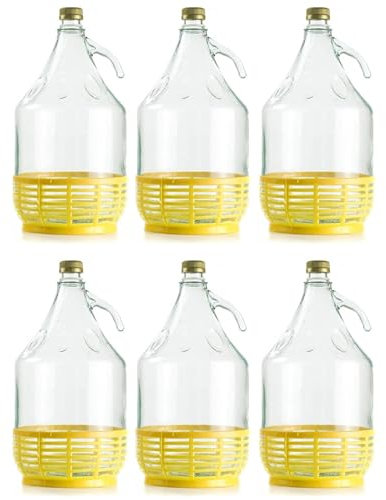 6 x Damigiana, Fiasco, Bottiglie di Vetro, da 5 l, con Chiusura a Tappo VITE e cestello - Dama Vetro 5L per Acqua Vino Olio - BOCCIONE Vetro per STOCCAGGIO vino acqua olio