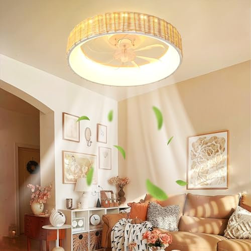 Retro Ventilador de Techo con Iluminación y Control Remoto, Creatividad Bambú y Ratán Ventilador de Techo con Luz Silencioso Vintage, 6 Velocidades Reversible Dimmable LED Lampara Ventilador Techo