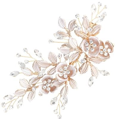 maxtachi Rhinestones Bridal Hair Clips, Handmade Flower Headpiece Hair Pins, Bridal Hair Accessories for Wedding Party Bridal, Ideal for All Hair Types-Rose gold