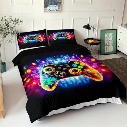 PEIHUODAN Jugend Gamer Bettwäsche-Sets Für Jungs, 3-teilig, Gamepad-Motiv, 3D-Druck Duvet Cover, Bettbezug Und Kissenbezug 80x80 cm, Gaming-Zimmer-Deko (140x200cm, Blendung)
