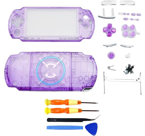 Hzxkqmil Coque de Remplacement Boîtier Complet pour Sony PSP 3000 PSP3000 Console, Couvercle Avant et Arrière Faceplate avec Boutons Jeu de Vis (Violet Transparent)