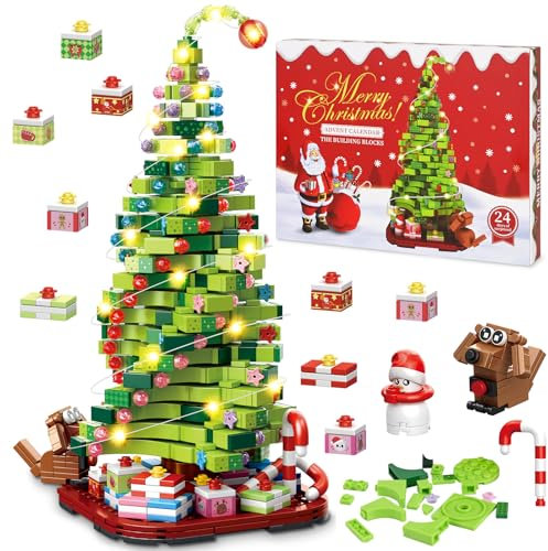 Adventskalender 2024 Weihnachtsbaum Bausteine Set mit Licht, 1206 Stück Weihnachten Countdown Kalender für Kinder Erwachsene Mädchen Jungen 24 Tage Grün Kreative Stuffers Adventskalender Urlaub