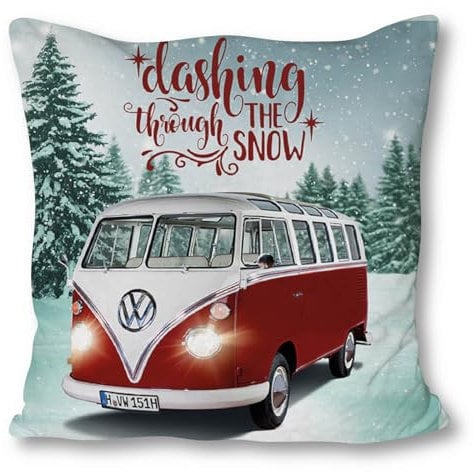 SkyBrands Volkswagen Dekokissen VW Bulli Schnee 40x40 cm Zierkissen T1 Van Oldtimer Bus Camper