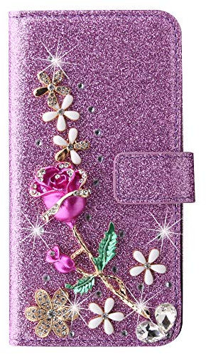 For iPhone 5 /5S/SE 2016/ iPhone SE 1st Gen Case Bling Diamond ROSE FLOWER PU Leather Flip Wallet Girls Women Phone Case Shockproof Bumper Cover Kickstand Protective hands-free Phone Case,Purple