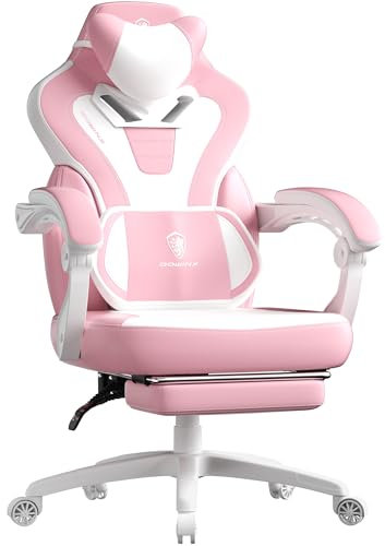 Dowinx Gaming Chair with Footrest, Gaming Chair for Heavy People, Gamer Chairs for Adult with Massage, Computer Chairs with PU for 200lbs (Pink White)