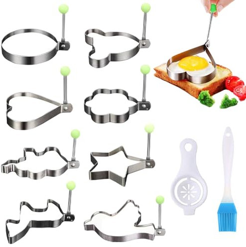 Egg Rings for Frying, 8 PCS Stainless Steel Egg Rings with Folding Handle, Non Stick Fried Egg Rings for Household Kitchen Cooking Egg Frying Breakfast Mini Burger Silver