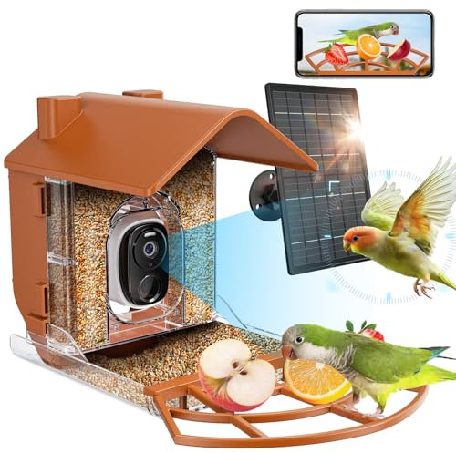 Bird Feeder Camera Solar Powered, Smart WiFi Birds Camera, Auto Capture Record Video & Instant App Notifications, Wireless Outdoor Bird Watching Cam Gift, Brown
