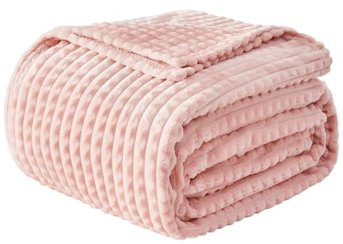 EMME Fleece Throw Blanket for Sofa, Soft, Fluffy, 3D Touch Experience, Warm Cozy Throw, Versatile Single Flannel Blanket for Bed, Couch, Sofa, Armchairs (Light Pink, 130x150cm)