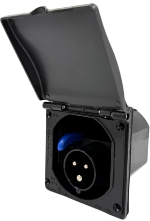 Flush Mounted 240V 16A Caravan Socket with Hinged Lid – IP44 Splash Proof 3-Pin Electrical Hook Up for Motorhomes, Campervans & Trailers (Black)