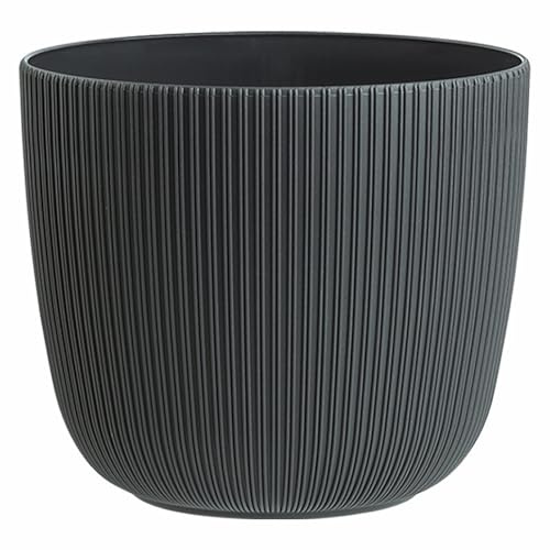 Engelland - 1 x Blumentopf mit Drainagesystem, Anthrazit-Grau, Rillenoptik, Pflanz-Topf, Kübel, modern, widerstandsfähig, rund, wetterfest, Kunststoff, Ø 34 cm, 20 Liter