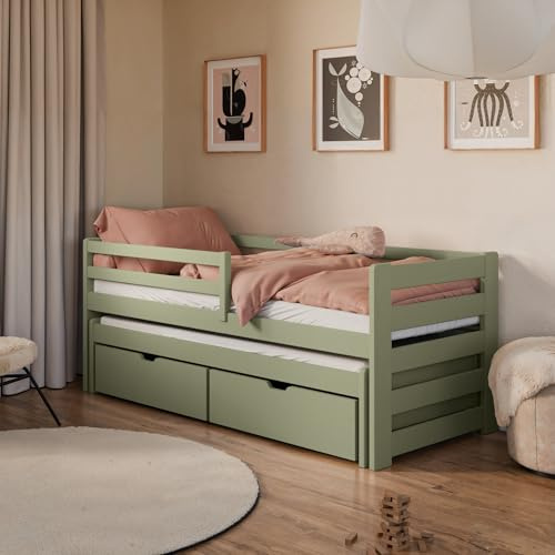 Kids Collective Einzelbett 90x200 cm mit Rausziehbett 90x190 cm mit Zwei Schubladen, Rausfallschutz und Lattenrosten, Vollholz massiv in Olivgrün, Kinderbett Funktionsbett | von 4. bis 18. Lebensjahr