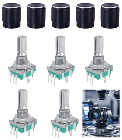 5 Stück EC11 Drehgeber, Rotary Encoder 360 Grad Digital Potentiometer 5 Pin mit Schalter und Drehknopf, Audio Drehgeber Modul Kontinuierlicher Drehschalter für Automobilelektronik Multimedia Audio