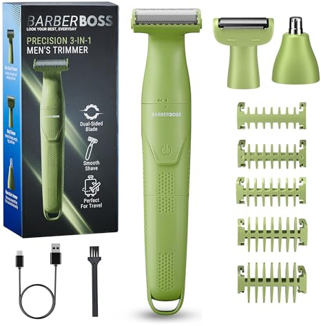 BarberBoss 3-in-1 Präzisionstrimmer Herren Bart und Haarpflegeset für Männer, Körperpflege, Nasen- und Ohrentrimmer, wiederaufladbarer kabelloser Rasierer (Grün)
