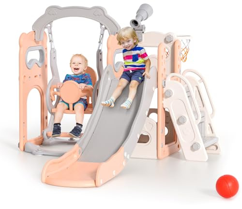 Toboggan pour enfants avec anneau de basket-ball, Toboggan à thème dinosaure parc pour enfants intérieur et extérieur, kit de jeu d'escalade indépendant avec toboggan pour bébés (Rose-6 en 1)