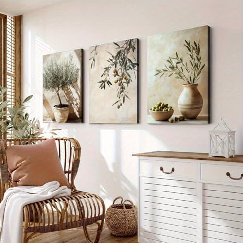 Generico Set di 3 poster, quadri da parete con rami d'ulivo e vasi, stampa su tela boho neutra beige-verde, decorazione murale minimalista per soggiorno e camera da letto senza cornice (50 x 70 cm)