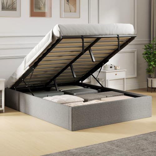 HOMCOM Kastenbett 140 x 190 cm, gepolsterter Doppelbettrahmen aus Stoff in Leinenoptik, Lattenrost aus Holz, versteckter Stauraum, geräuschlos, Gasdruckfeder, einfache Montage, grau
