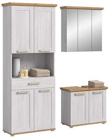 xonox.home – Badkombination Verona 159x187x34 cm in Sibiu Lärche & Artisan Eiche – 3-teiliges Set inkl. breitem Hochschrank, Unterschrank & Spiegelschrank – Großzügige Möbelkombi für perfekte Ordnung