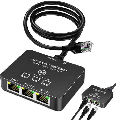 Ethernet Splitter 1 to 3, RJ45 Gigabit Network Switch 3 Port Adapter, Compatible with Gaming PC Laptop PS5 Xbox Router Smart TV, Stable Multi-Device Connectivity Solution for Home Office Setup