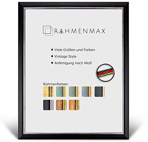 RahmenMax® Elsass Bilderrahmen 35x45 cm zum Aufhängen/Vintage Bilderrahmen Maßanfertigung möglich/Posterrahmen aus Holz/Bilder Rahmen in Schwarz-Silber mit Acrylglas/Puzzle Rahmen