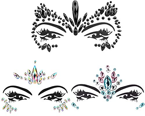 Gesicht Edelsteine, 3 Set Festival selbstklebende Gesicht Juwelen umweltfreundliche Harz Material Stick auf Glitter Strass Temporary Tattoo Rave K?rperschmuck Gesicht Eyes Stirn Aufkleber (Schwarz)