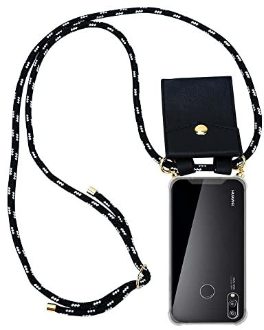 Cadorabo Funda con Cuerda para Huawei P20 Lite en Negro Plata – Cubierta Protección Collar para Colgar di TPU Silicona Transparente con Anillos OROS, Cordon y Estuche Removible