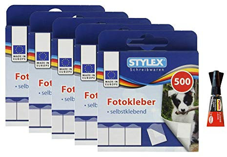 Stylex 5 er Pack 500 Fotosticker Fotokleber mit Pattex Sekundenkleber 1g