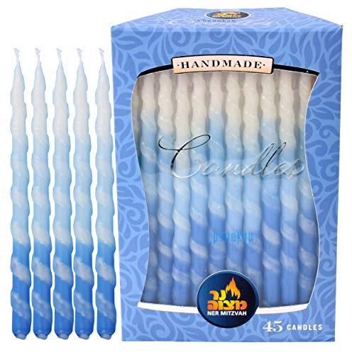 Ner Mitzvah Spirale Blaue und Weiße Chanukka Kerzen Standardgröße - Dekorierte Tropffreie Menora Kerzen - Paraffinwachs In Premium-qualitä - 45 Kerzen pro Karton