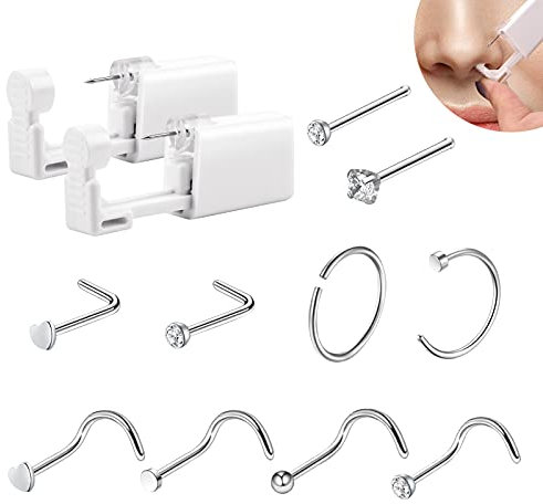 SOSPIRO 2 PCS Disposable Nose Piercing Tool Set with 10 Nose Studs No Pain Sterile Safety Self Nose Stud Tool Home Piercing Kit Tool White Asepsis Ear Piercing Kit for Girls Women