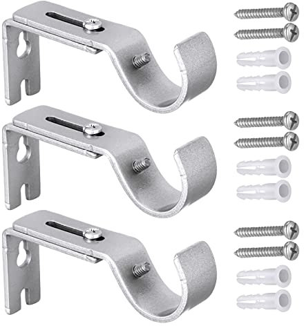 3 Pcs Curtain Pole Bracket Heavy Duty, Adjustable Length 9cm to 12cm,Adjustable Curtain Rod Brackets,Metal Heavy Duty Wall Rod Brackets with Screws,Silver