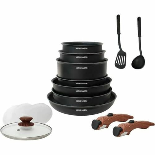Arthur Martin AM1502 Batterie de Cuisine 15 Pieces - poignée Amovible Effet Bois - Tous Feux Dont Induction